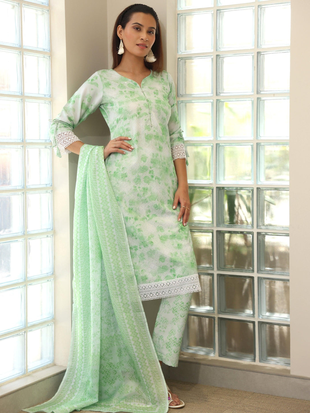 Green Embroidered Cotton Blend Straight Suit With Dupatta - Libas 