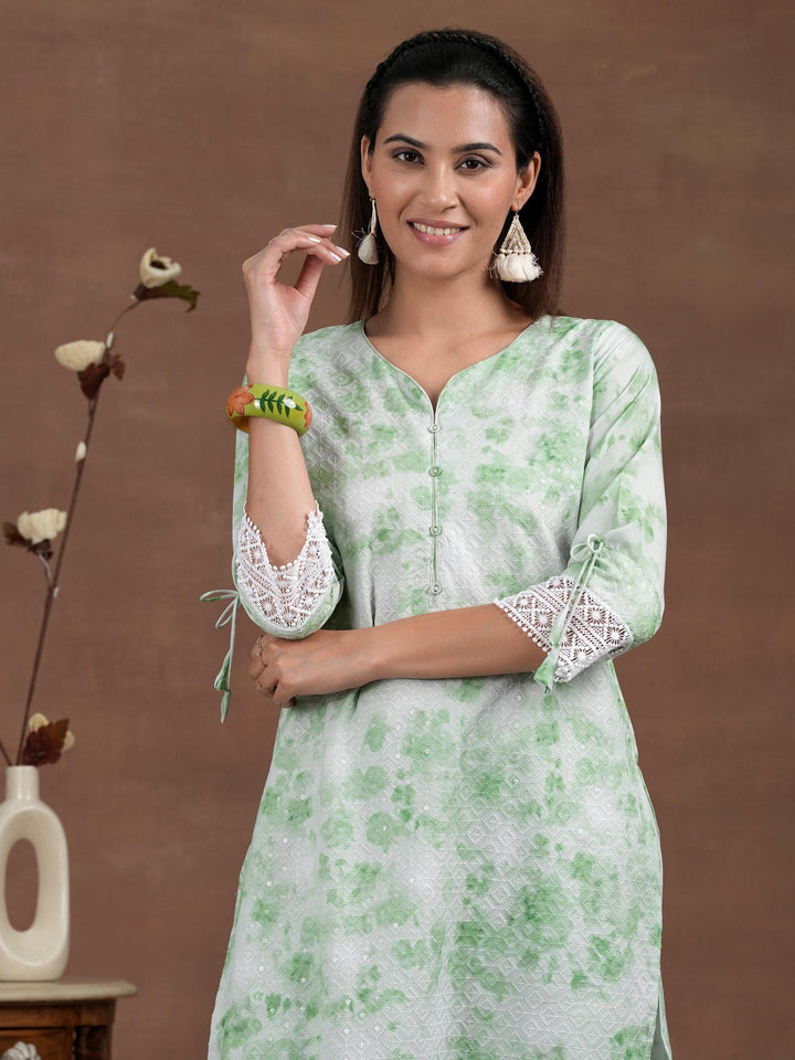 Green Embroidered Cotton Blend Straight Suit With Dupatta - Libas