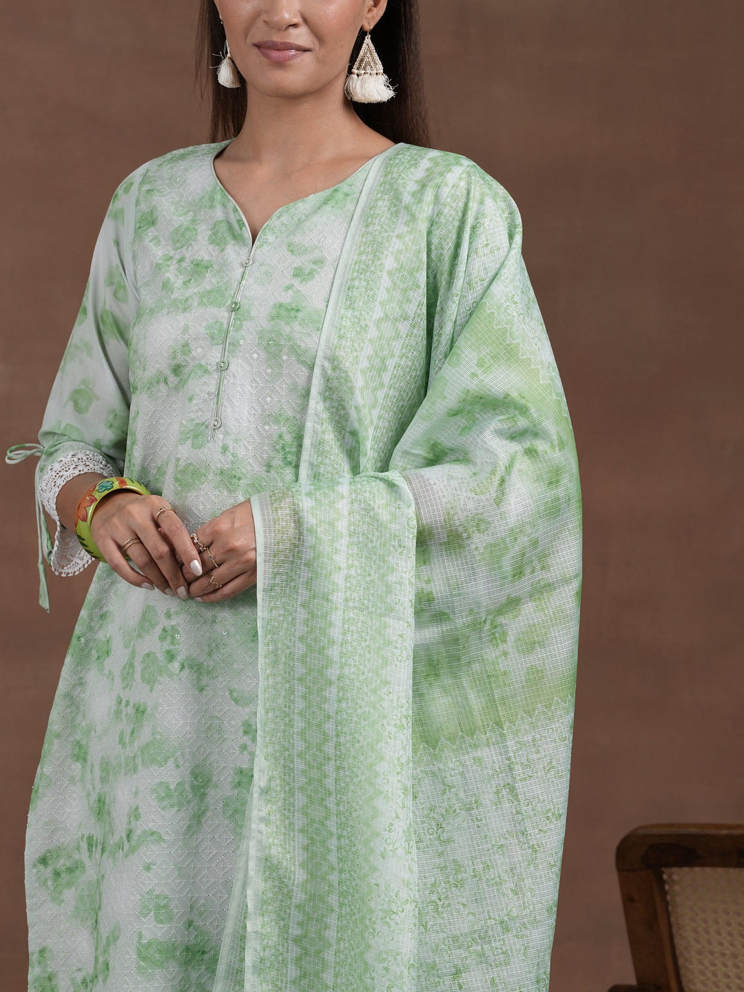 Green Embroidered Cotton Blend Straight Suit With Dupatta - Libas