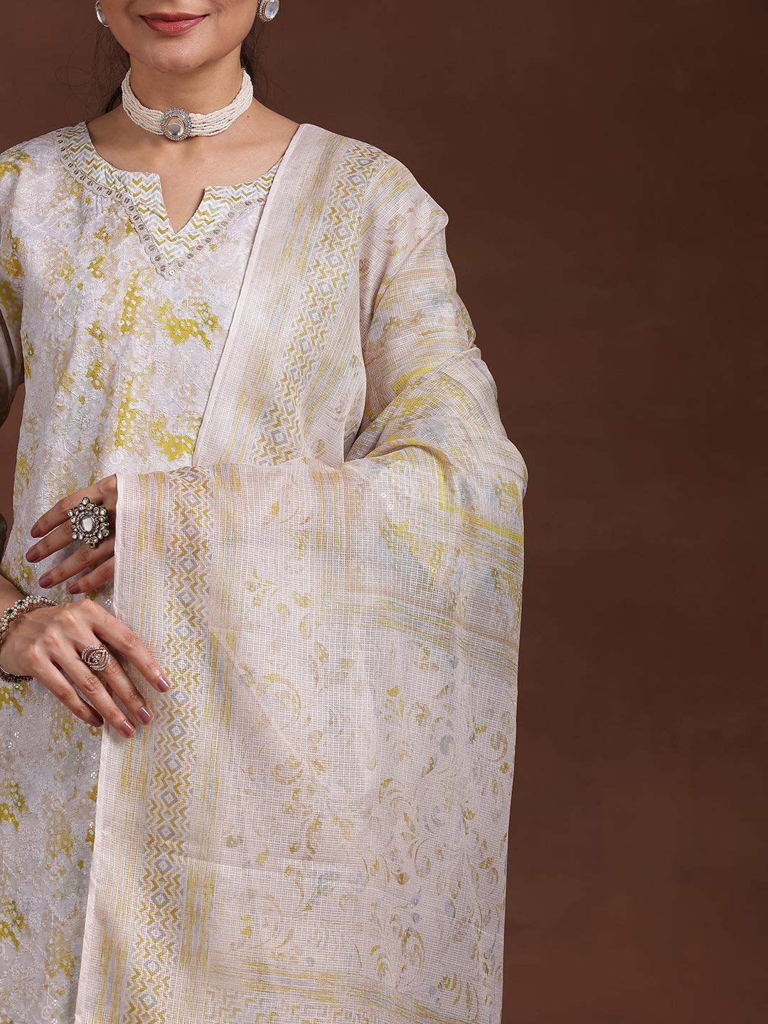 Beige Embroidered Cotton Blend Straight Suit With Dupatta - Libas