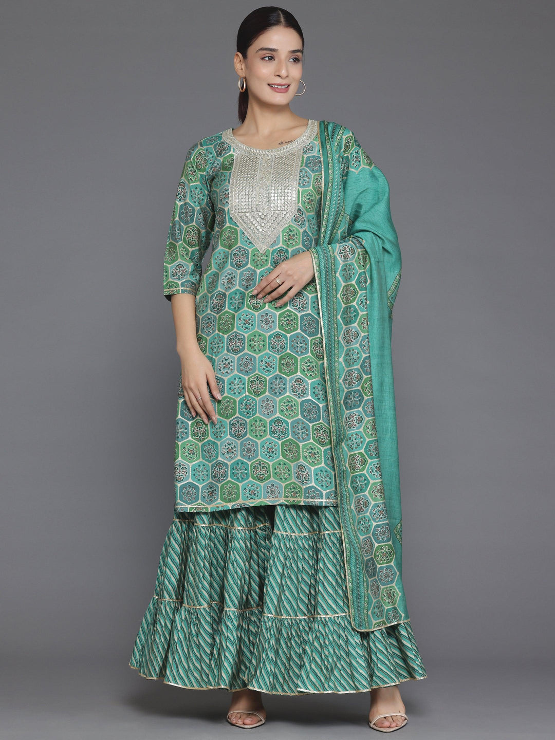 Green Printed Silk Blend Straight Suit With Dupatta - Libas 