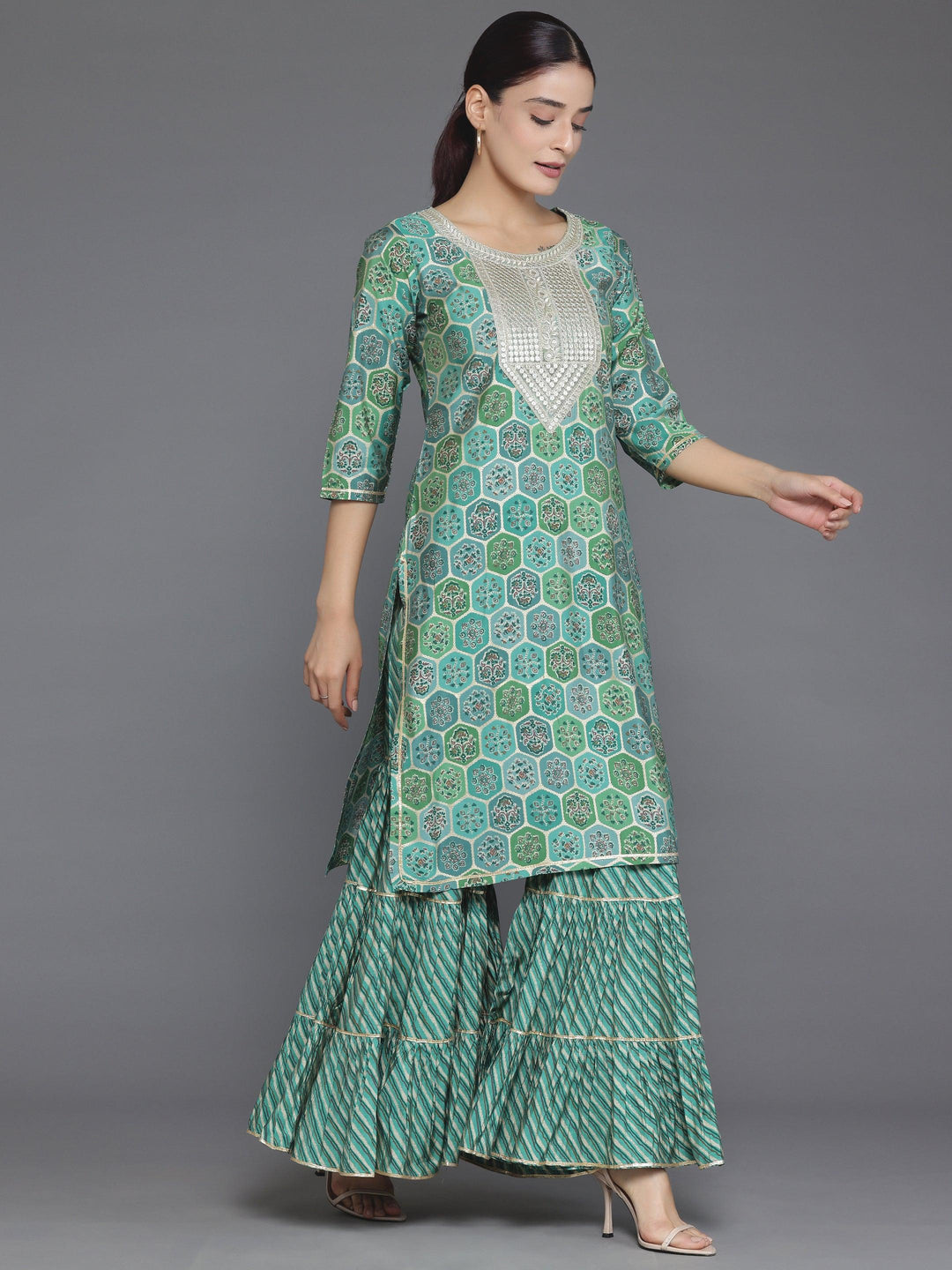 Green Printed Silk Blend Straight Suit With Dupatta - Libas