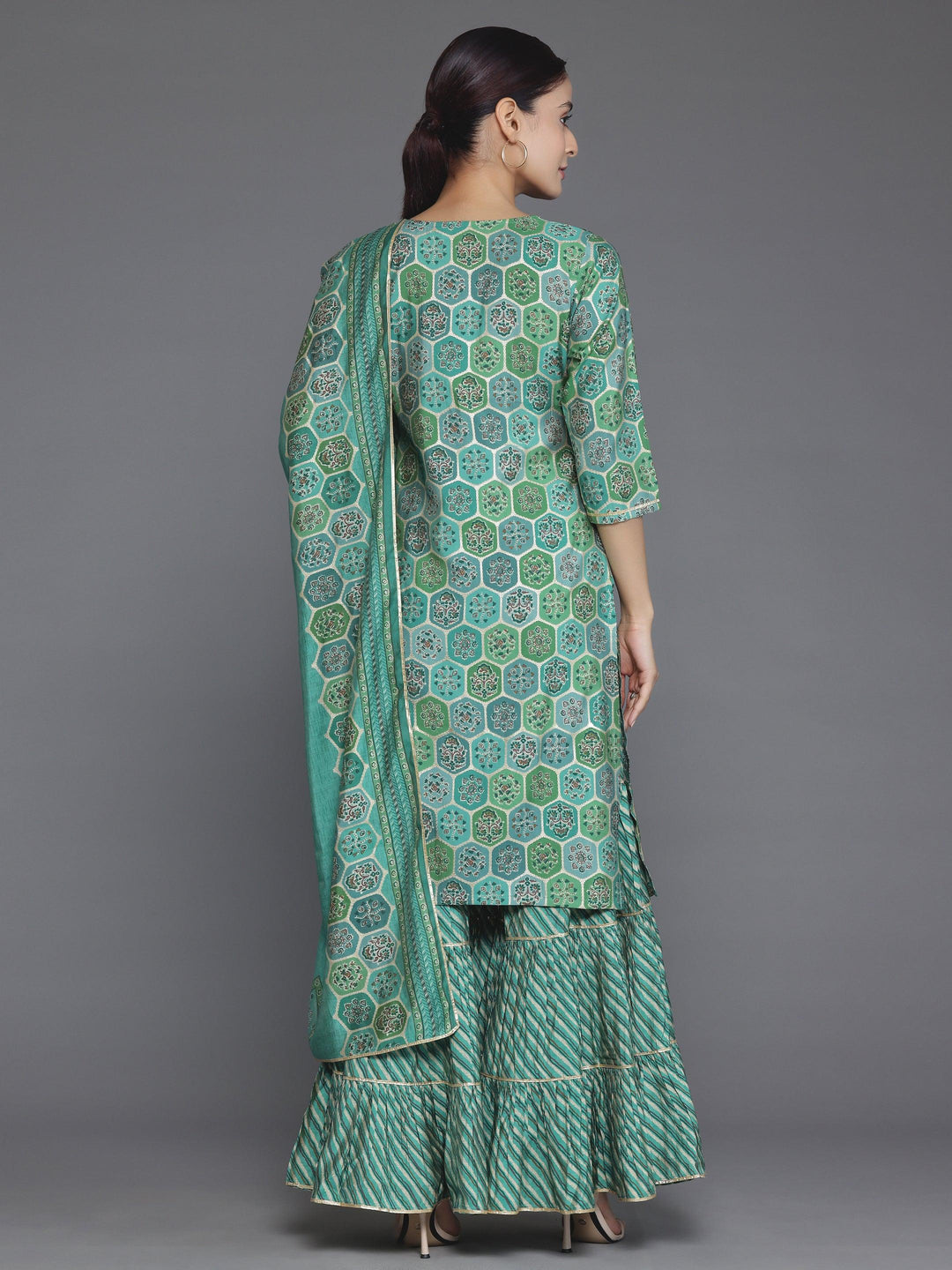 Green Printed Silk Blend Straight Suit With Dupatta - Libas