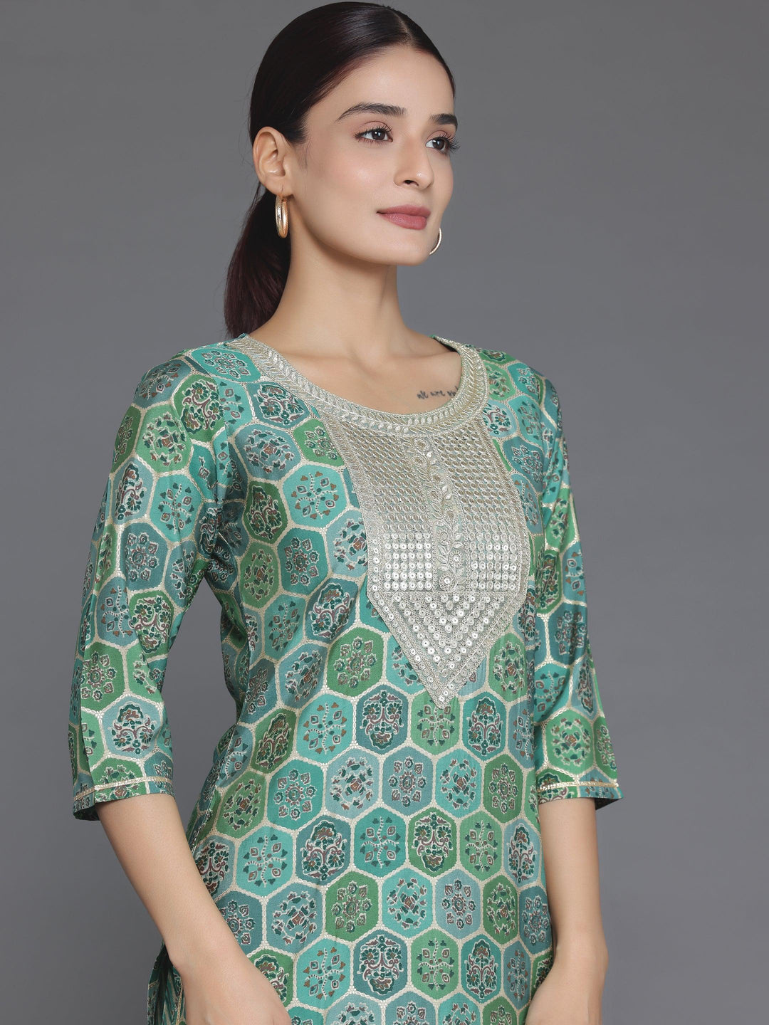 Green Printed Silk Blend Straight Suit With Dupatta - Libas