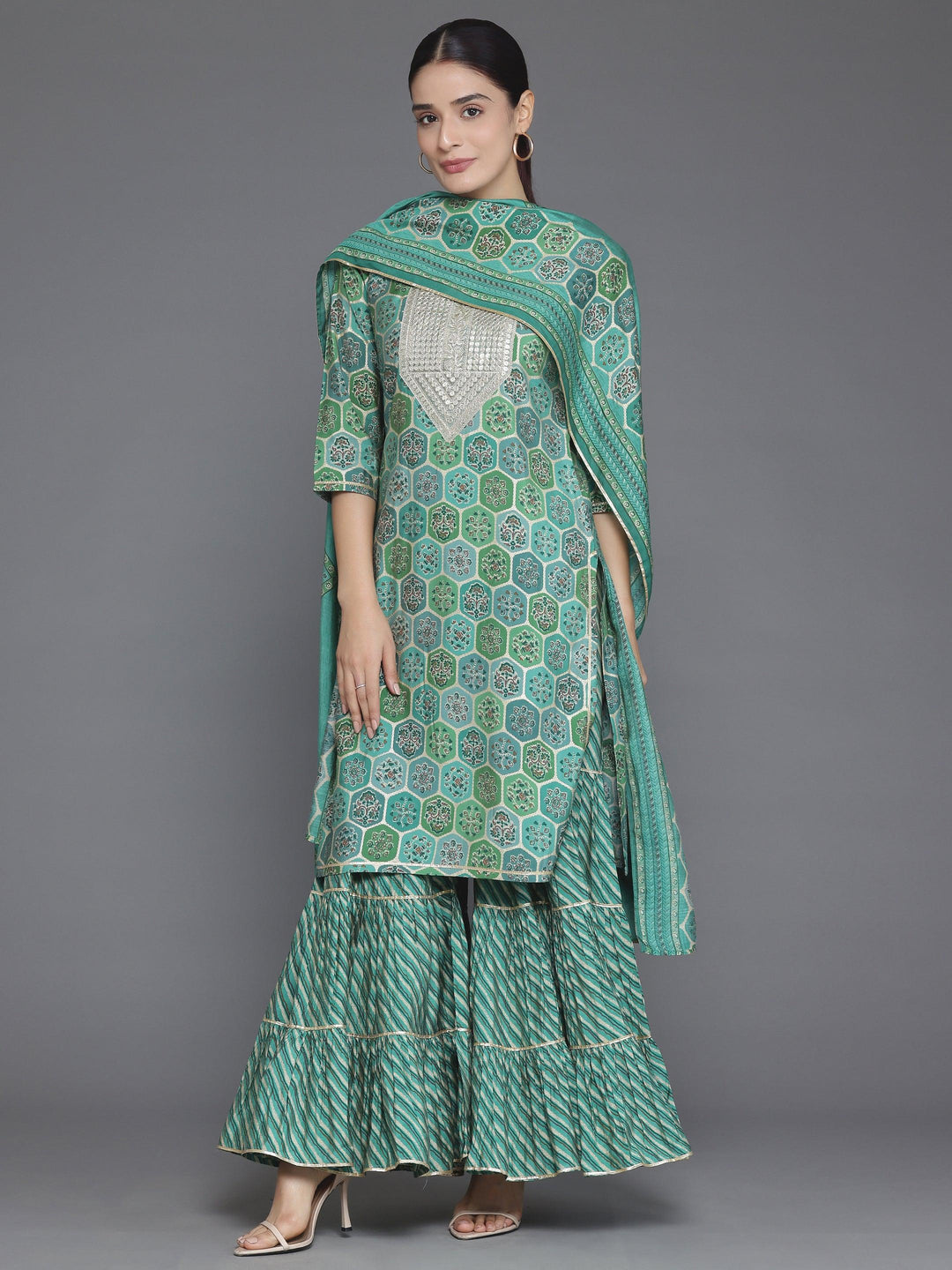 Green Printed Silk Blend Straight Suit With Dupatta - Libas 