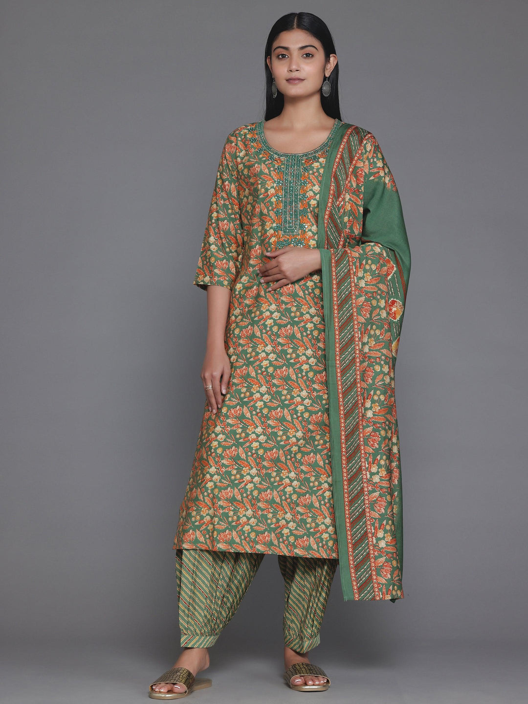 Green Printed Silk Blend Straight Suit With Dupatta - Libas 