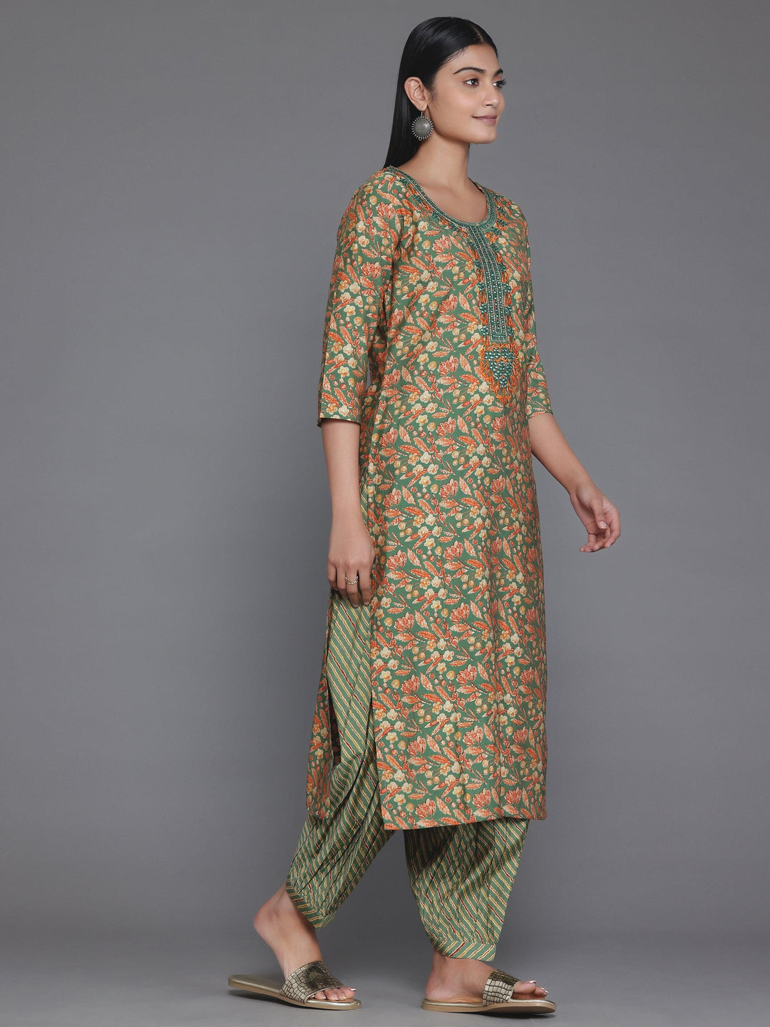 Green Printed Silk Blend Straight Suit With Dupatta - Libas 