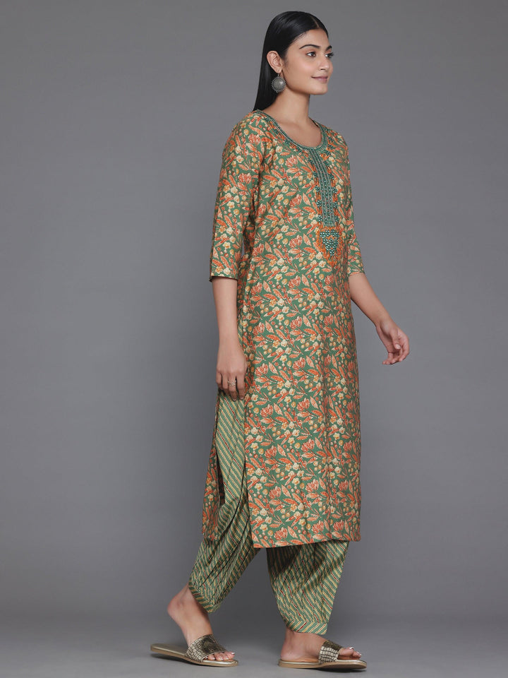 Green Printed Silk Blend Straight Suit With Dupatta - Libas