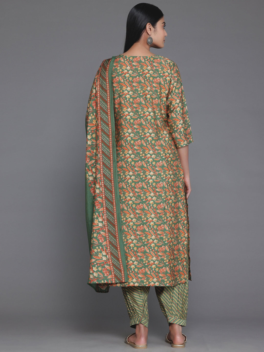 Green Printed Silk Blend Straight Suit With Dupatta - Libas