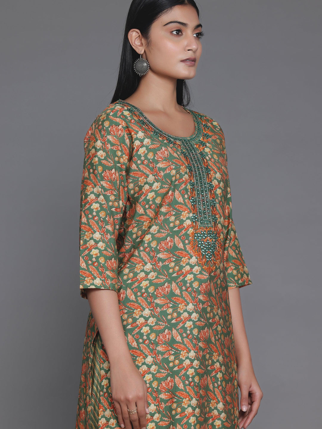 Green Printed Silk Blend Straight Suit With Dupatta - Libas 