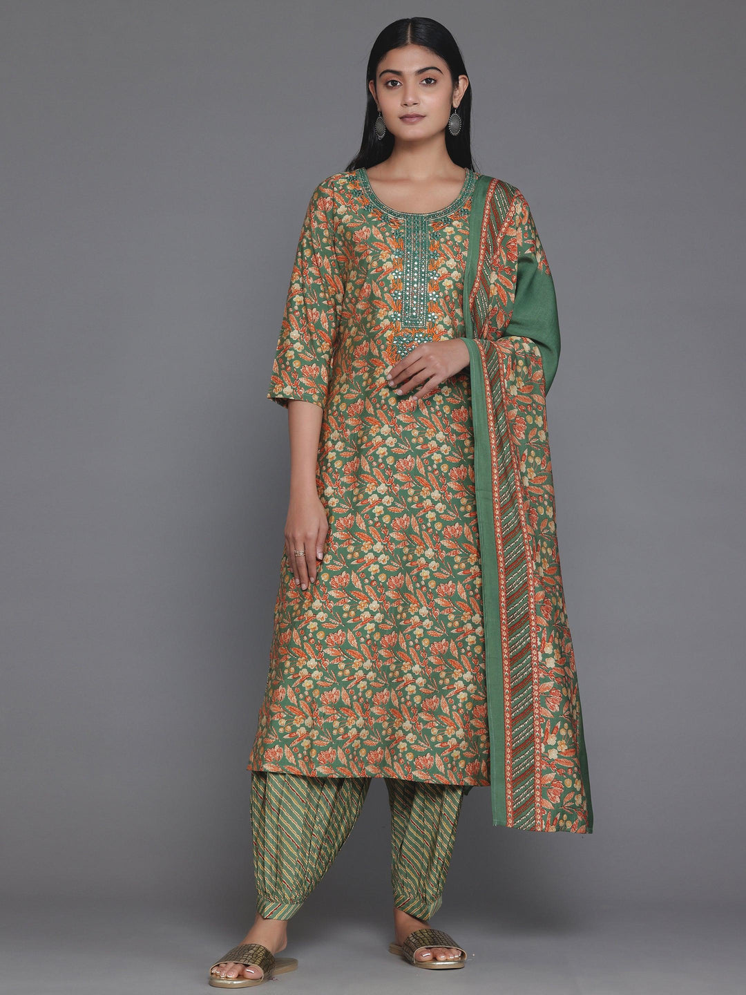 Green Printed Silk Blend Straight Suit With Dupatta - Libas 