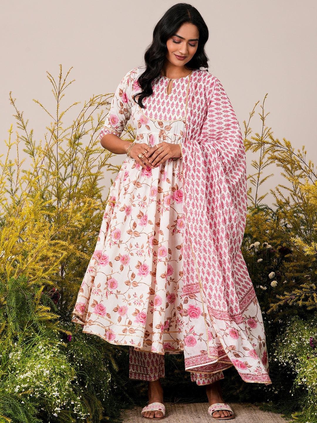 Off White Printed Cotton Anarkali Suit With Dupatta - Libas