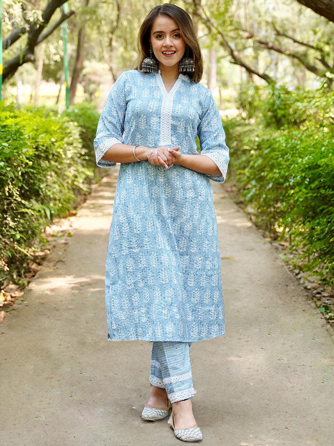 Blue Printed Cotton Blend A-Line Kurta With Trousers - Libas