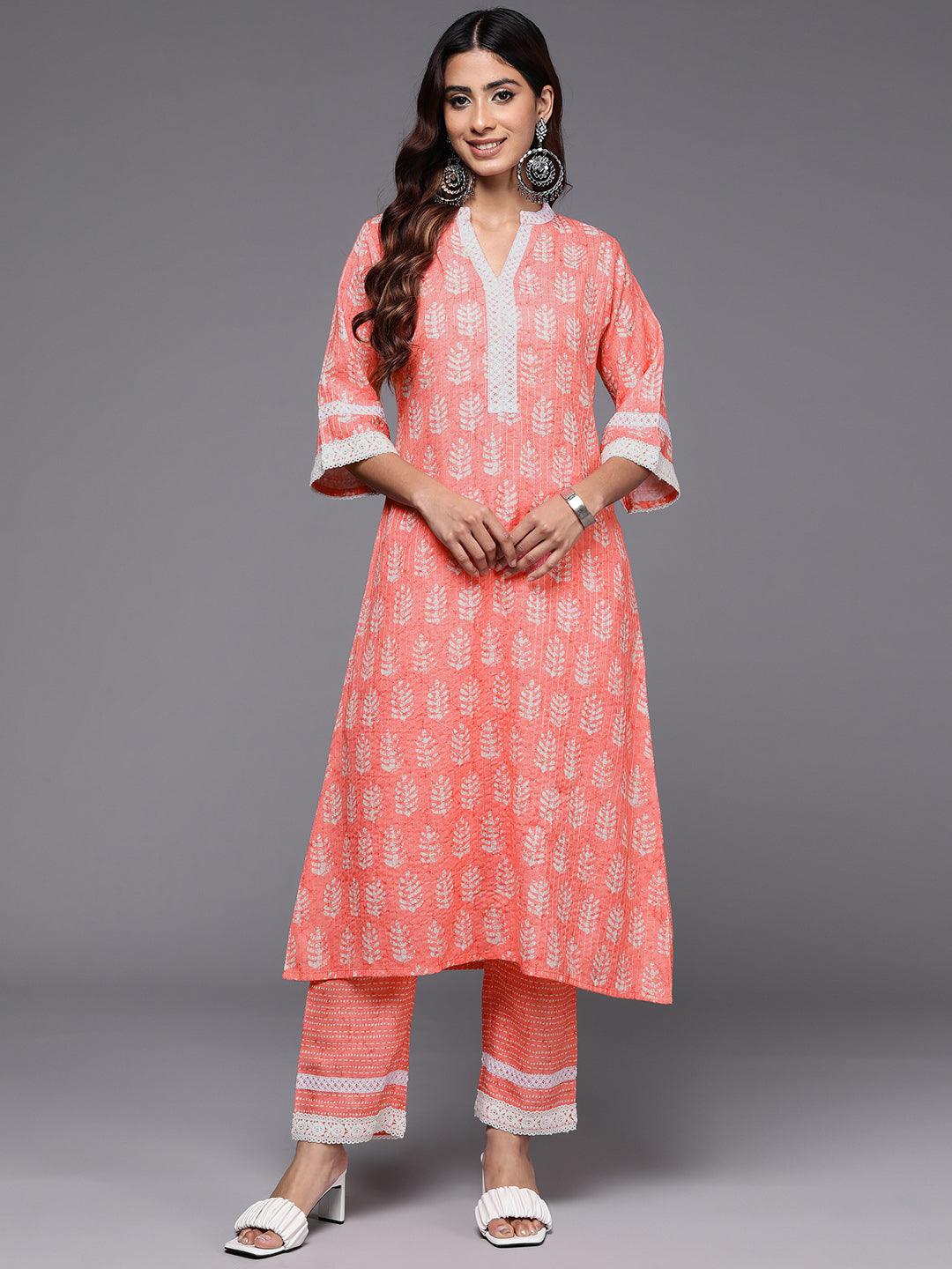 Peach Printed Cotton Blend A-Line Kurta With Trousers - Libas