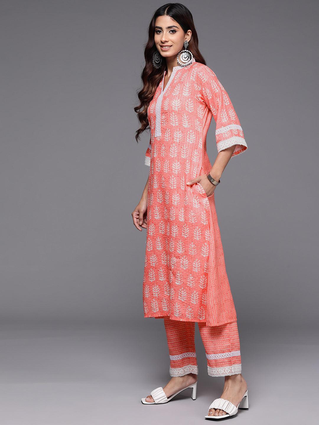 Peach Printed Cotton Blend A-Line Kurta With Trousers - Libas 