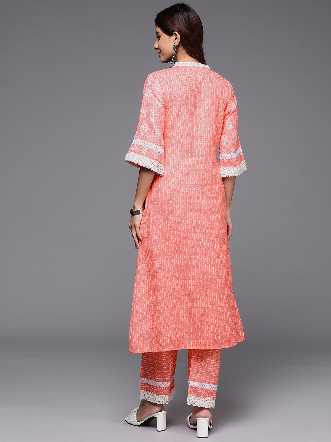 Peach Printed Cotton Blend A-Line Kurta With Trousers - Libas 