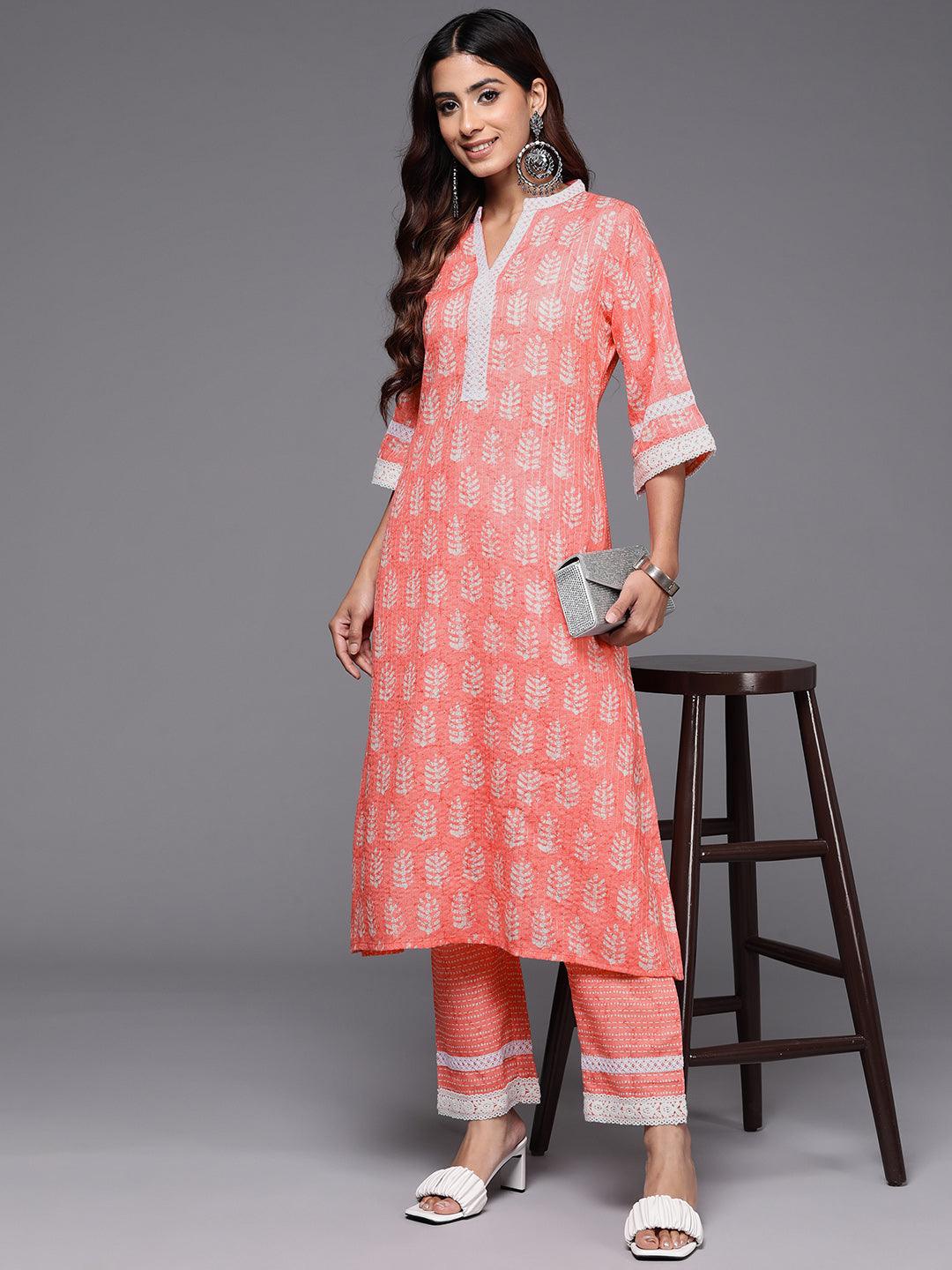 Peach Printed Cotton Blend A-Line Kurta With Trousers - Libas 