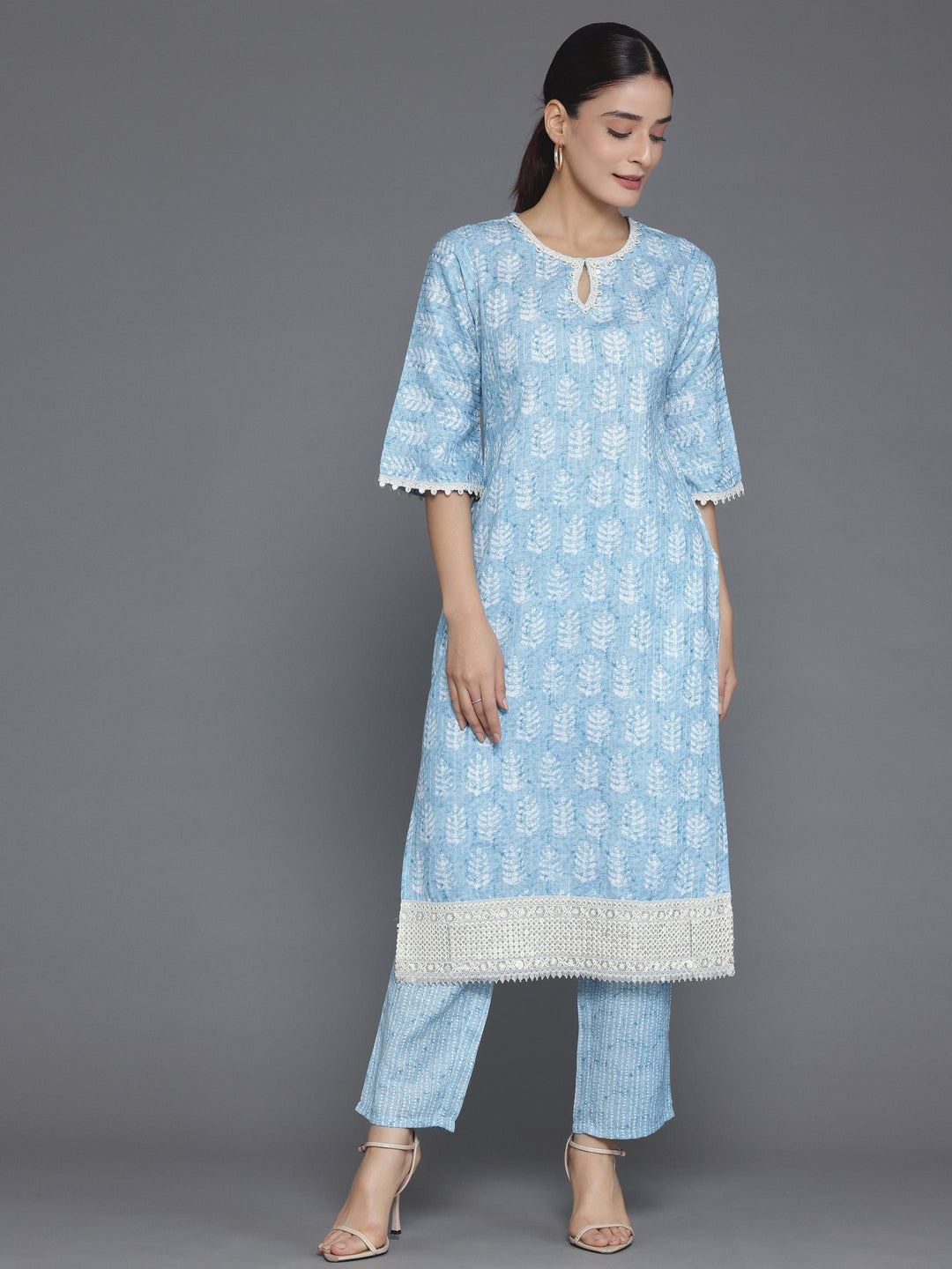 Blue Printed Cotton Straight Kurta Set - Libas 