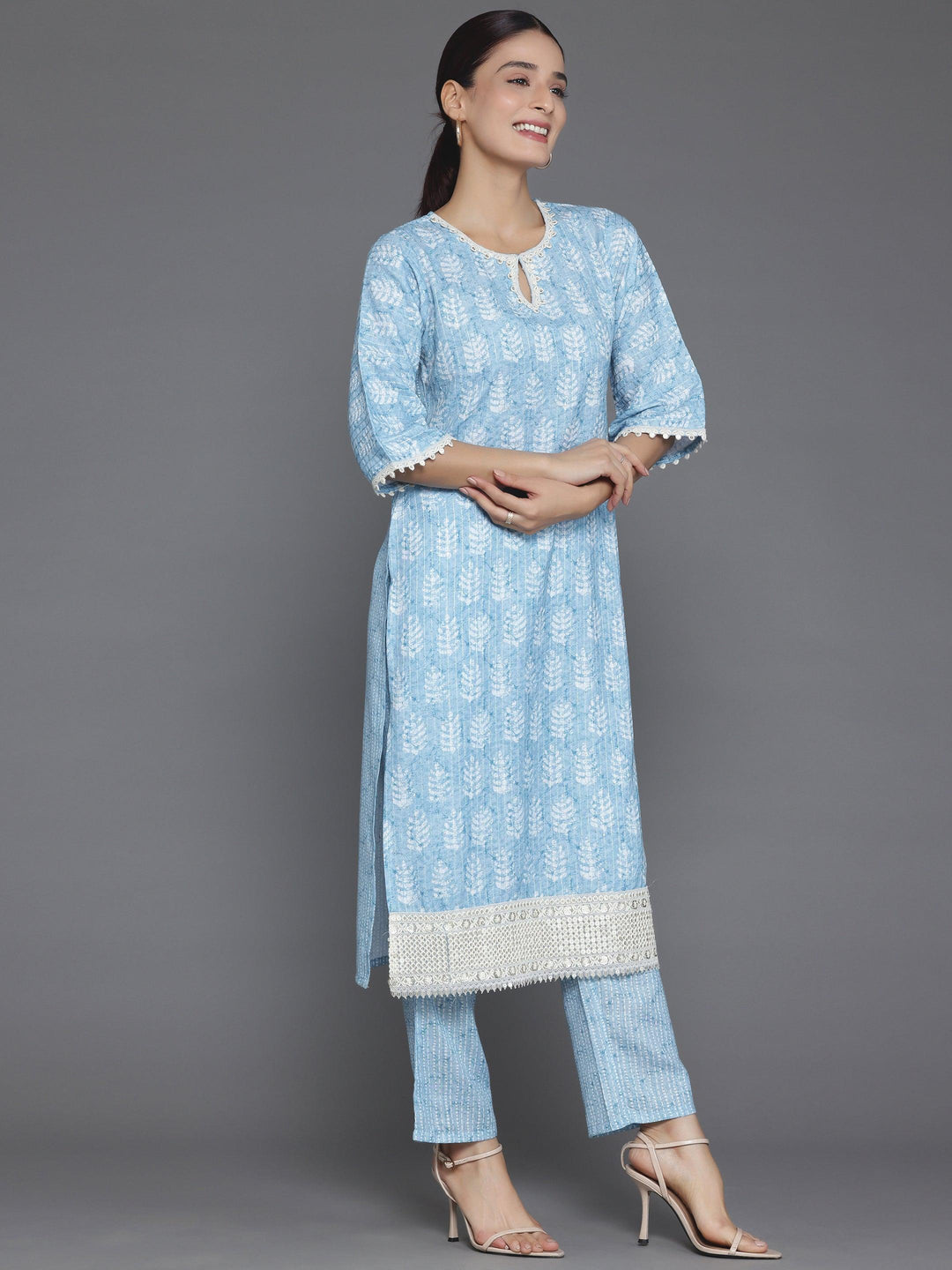 Blue Printed Cotton Straight Kurta Set - Libas