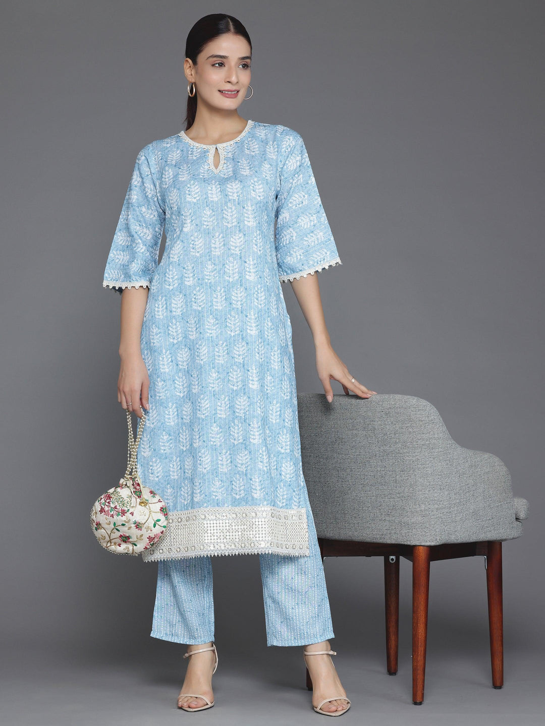 Blue Printed Cotton Straight Kurta Set - Libas 