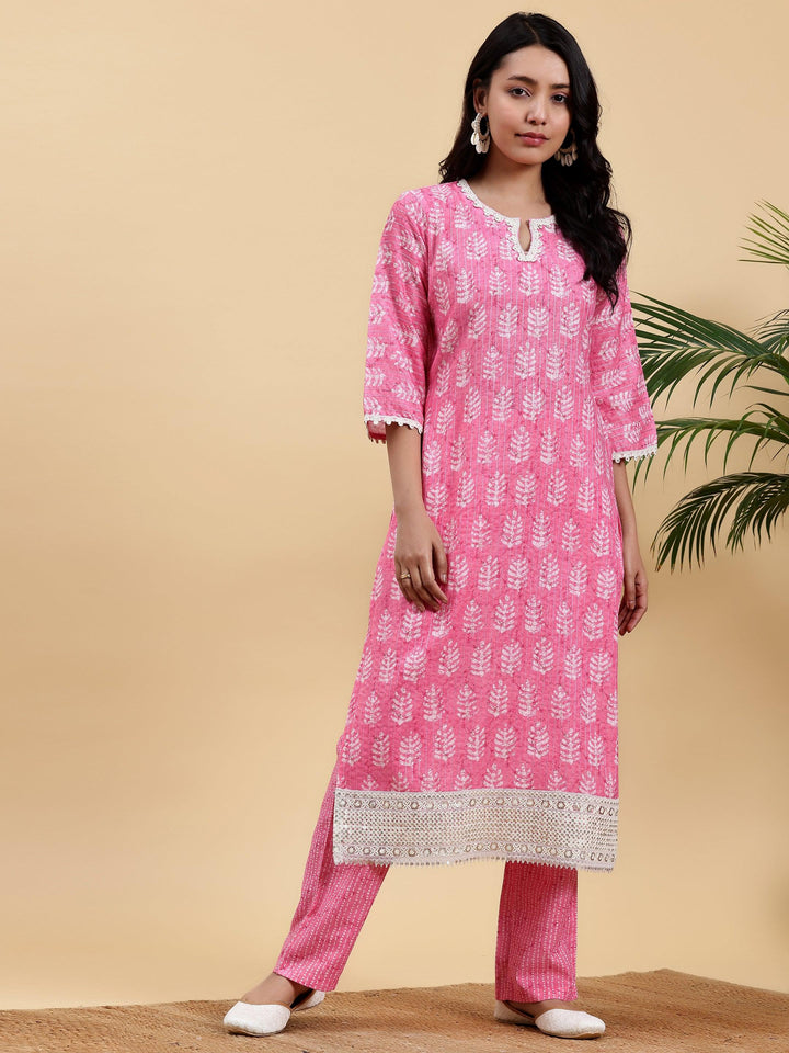 Pink Printed Cotton Straight Kurta Set - Libas