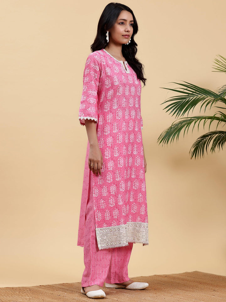 Pink Printed Cotton Straight Kurta Set - Libas