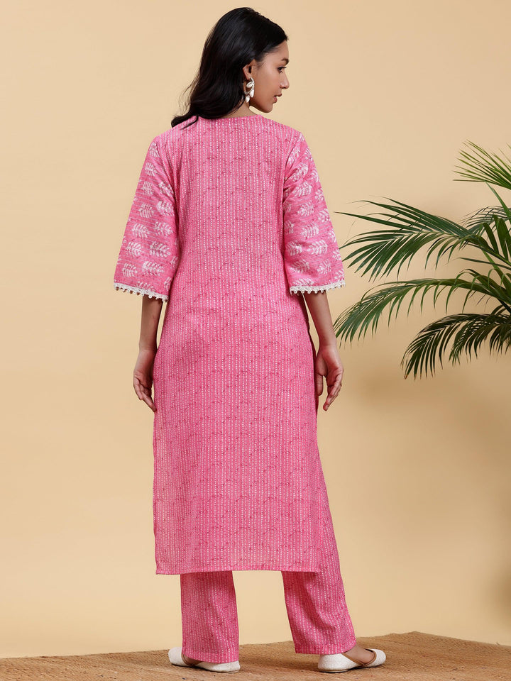 Pink Printed Cotton Straight Kurta Set - Libas