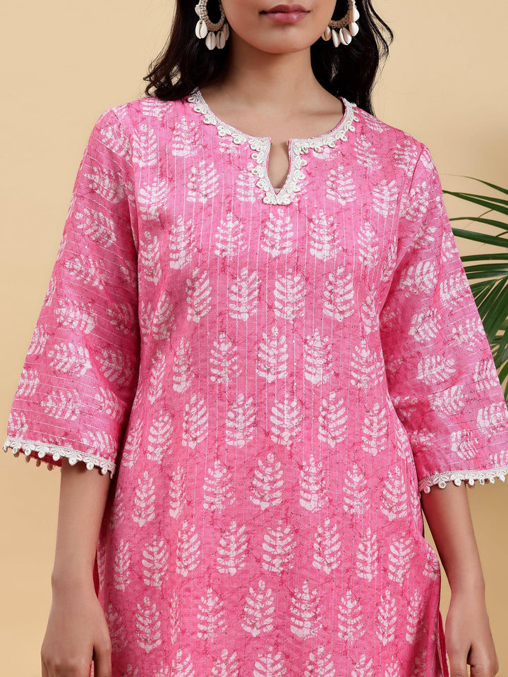 Pink Printed Cotton Straight Kurta Set - Libas