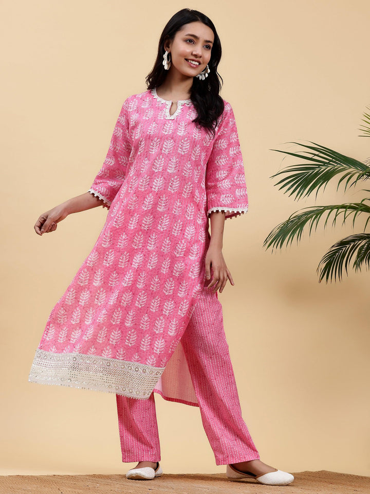 Pink Printed Cotton Straight Kurta Set - Libas