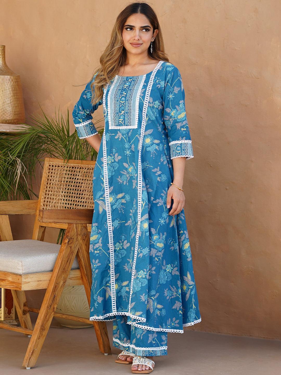 Blue Printed Cotton A-Line Kurta With Palazzos - Libas 