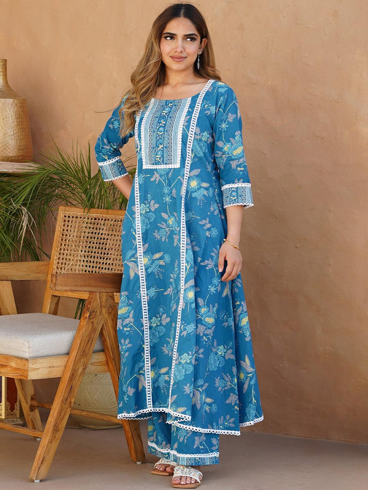 Blue Printed Cotton A-Line Kurta With Palazzos - Libas