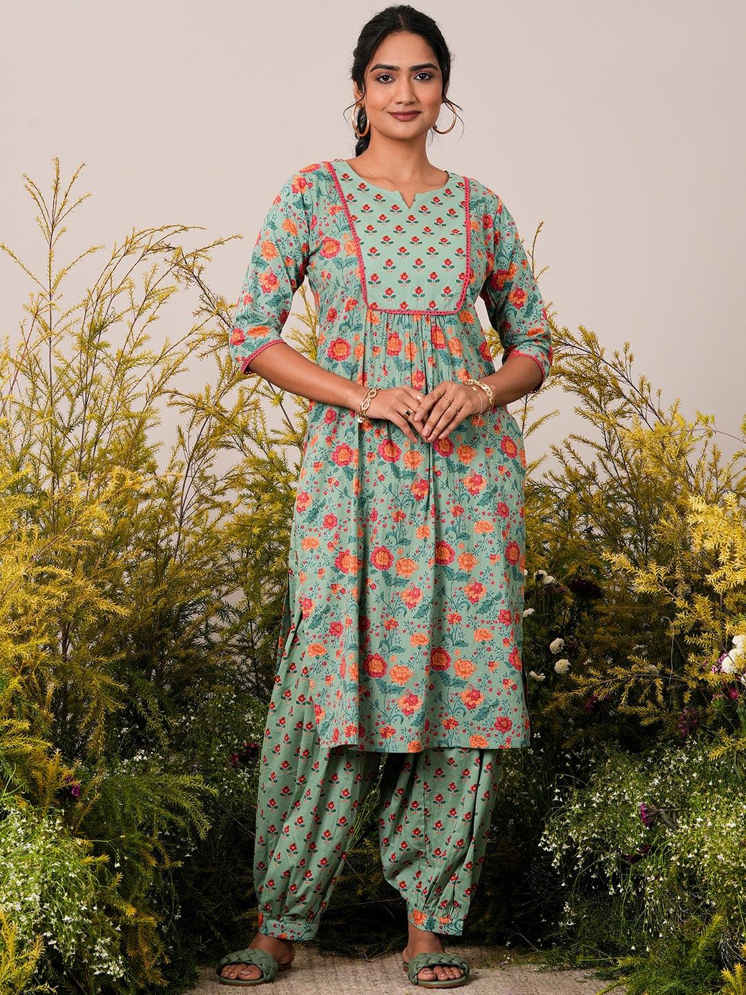 Green Printed Cotton Straight Kurta Set - Libas