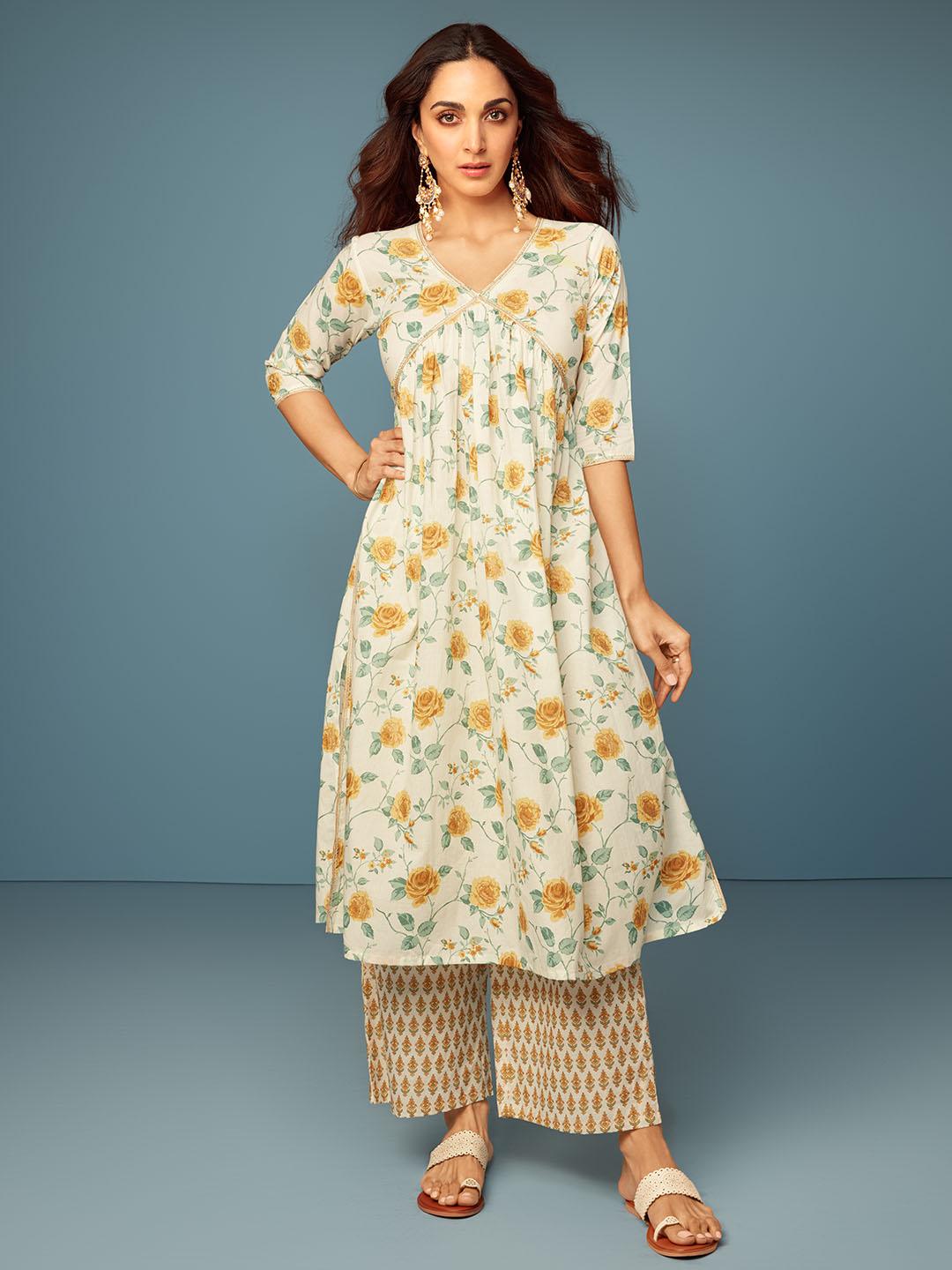 Tamannah Off white Printed Cotton A-Line Kurta With Palazzos - Libas