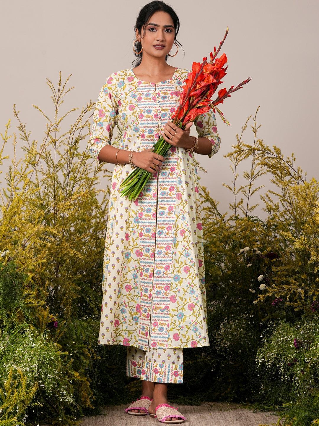 Off White Printed Cotton A-Line Kurta With Trousers - Libas 