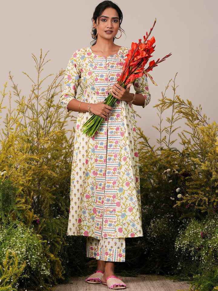 Off White Printed Cotton A-Line Kurta With Trousers - Libas