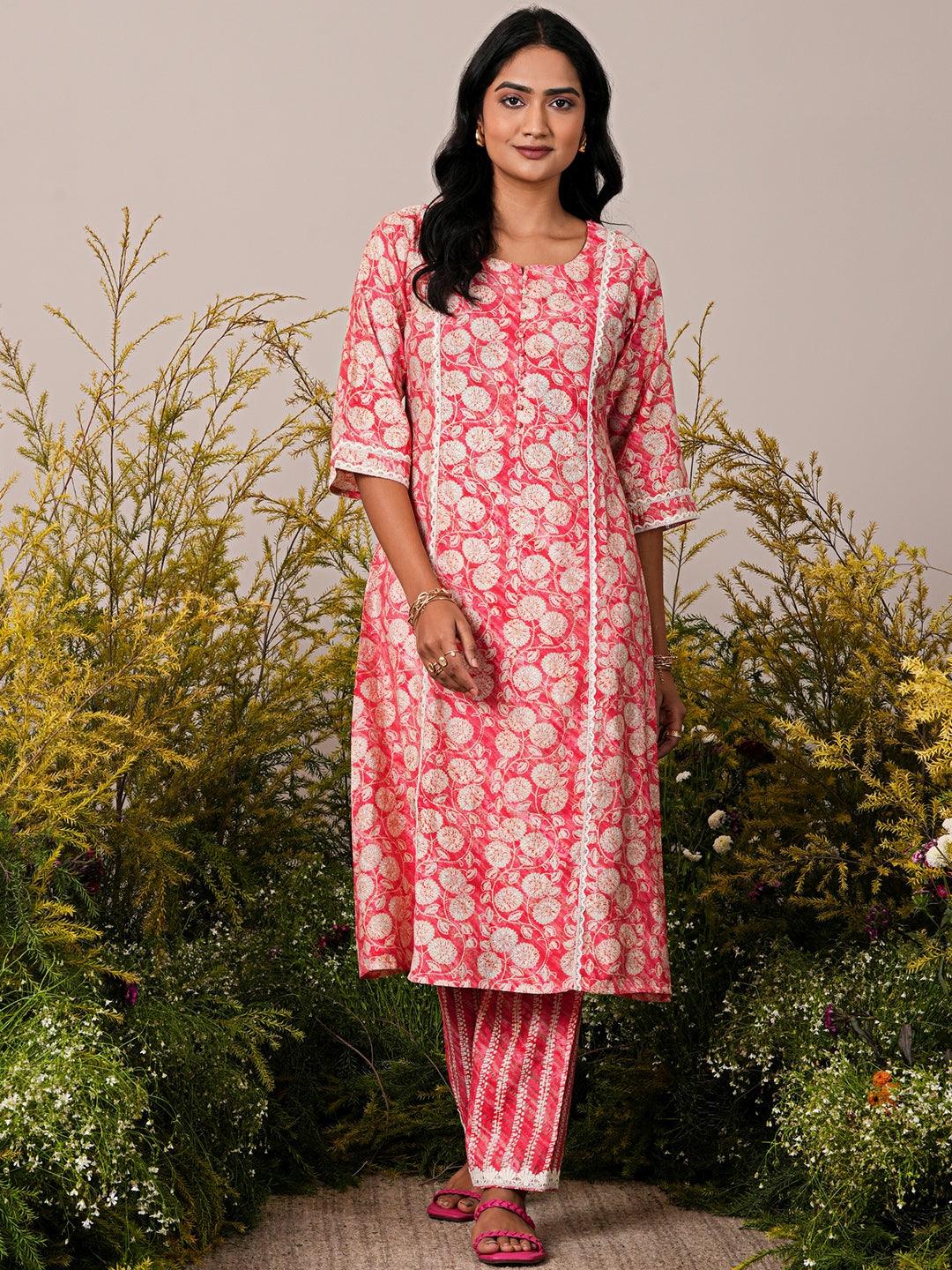 Peach Printed Silk Blend A-Line Kurta With Trousers - Libas 