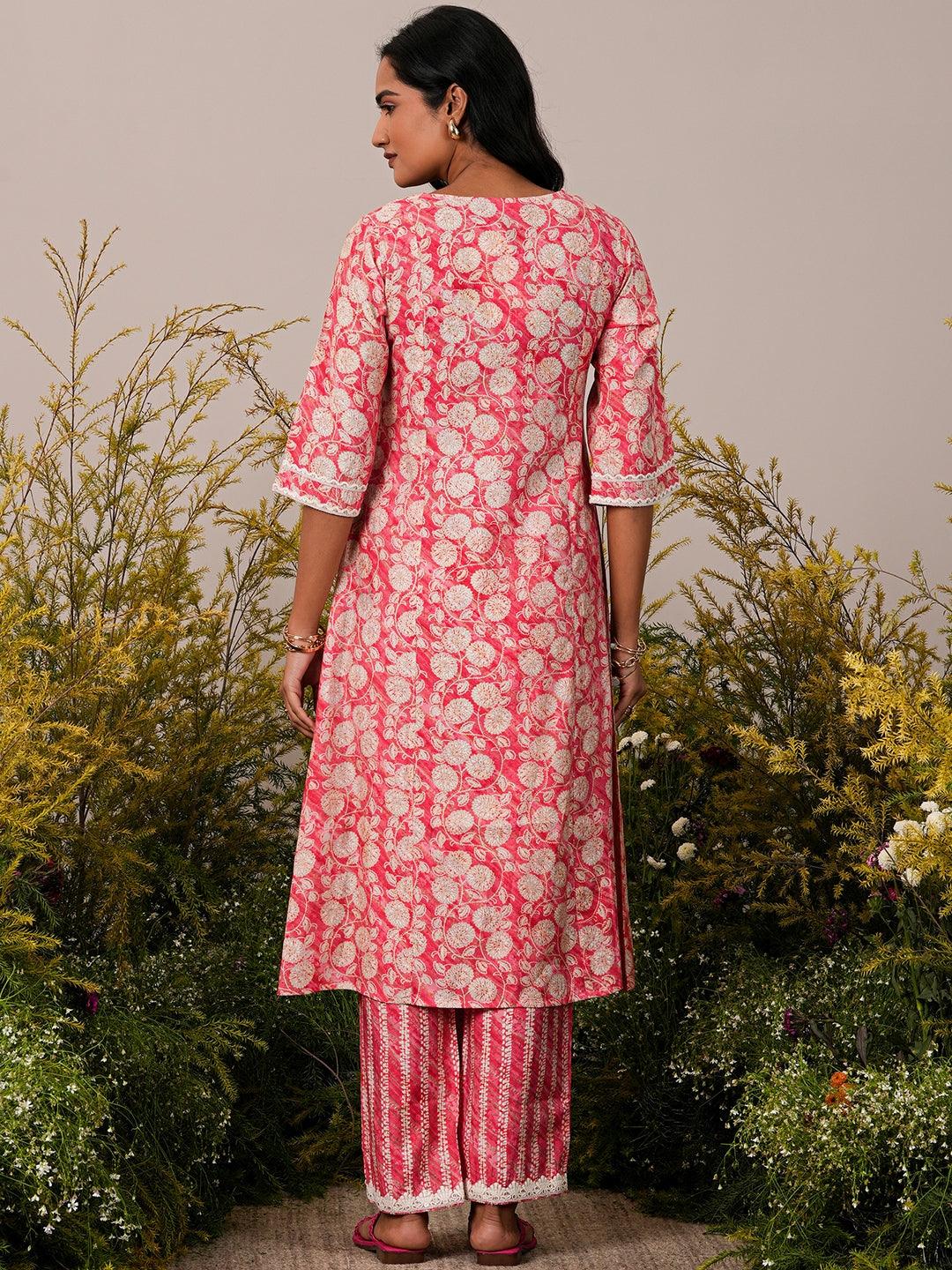 Peach Printed Silk Blend A-Line Kurta With Trousers - Libas 