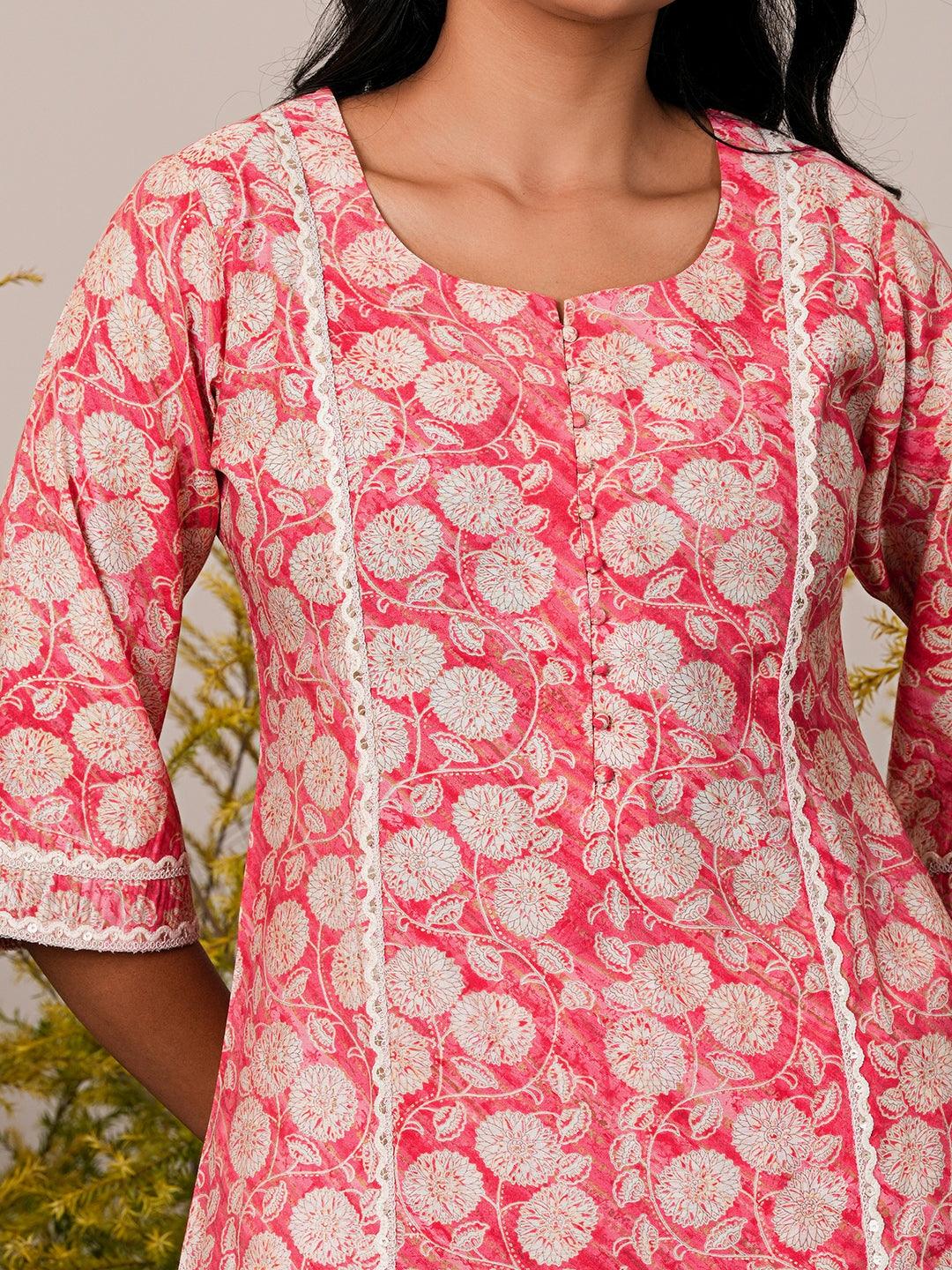 Peach Printed Silk Blend A-Line Kurta With Trousers - Libas 