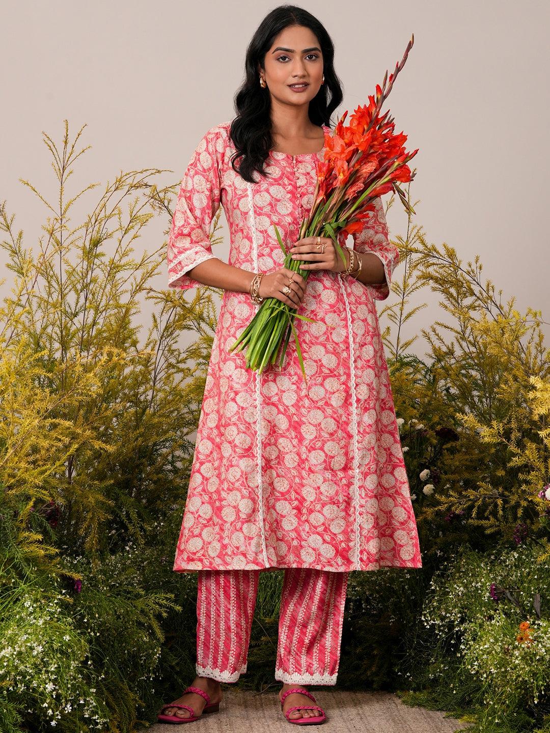 Peach Printed Silk Blend A-Line Kurta With Trousers - Libas 