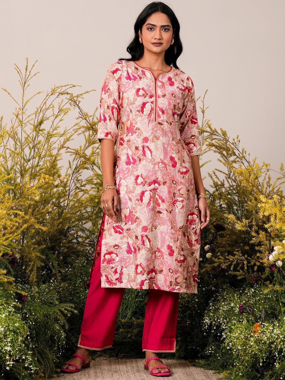 Pink Printed Silk Blend Straight Kurta Set - Libas 