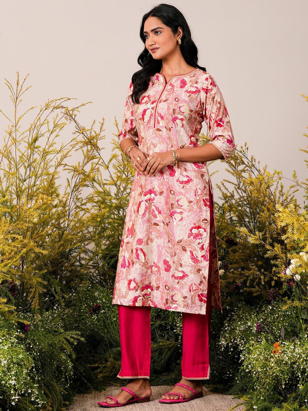 Pink Printed Silk Blend Straight Kurta Set - Libas