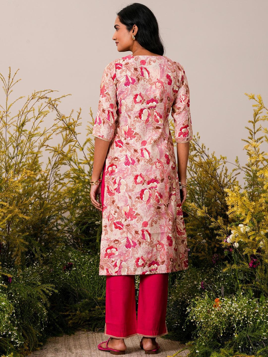 Pink Printed Silk Blend Straight Kurta Set - Libas