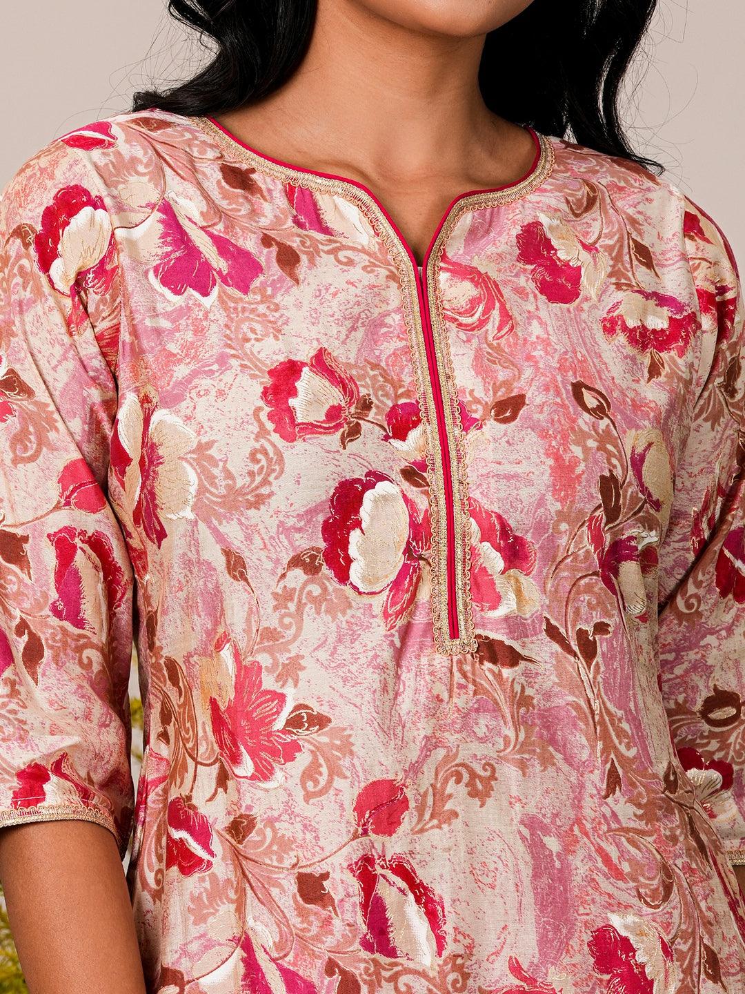 Pink Printed Silk Blend Straight Kurta Set - Libas 