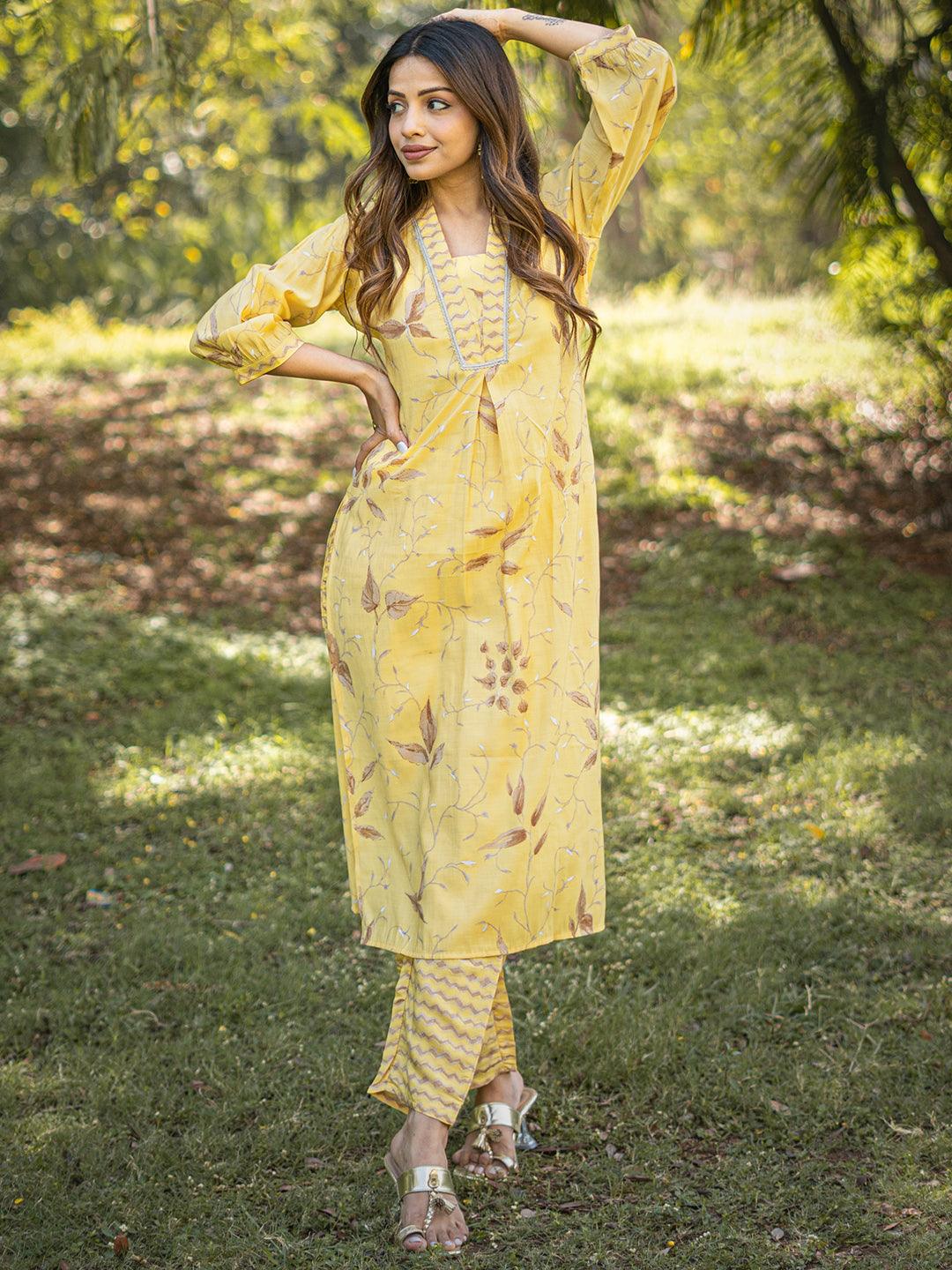 Yellow Printed Silk Blend Straight Kurta Set - Libas