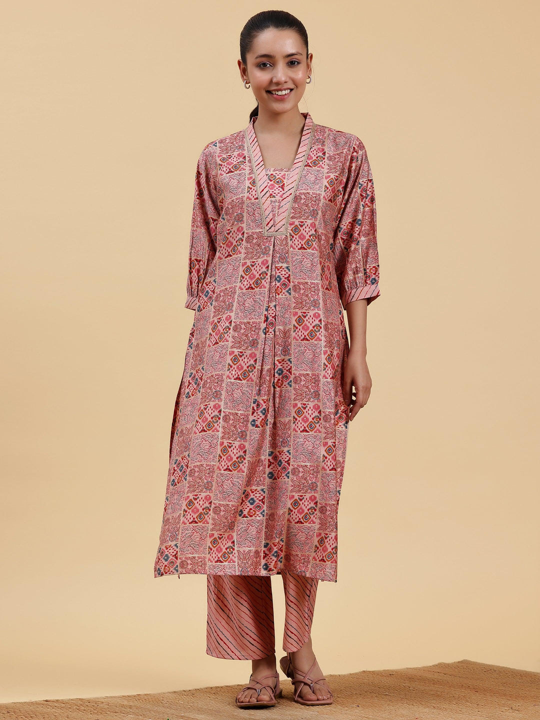 Peach Printed Silk Blend Straight Kurta Set - Libas