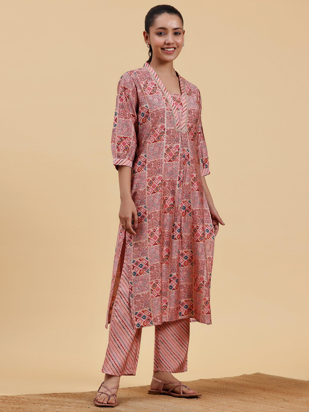 Peach Printed Silk Blend Straight Kurta Set - Libas