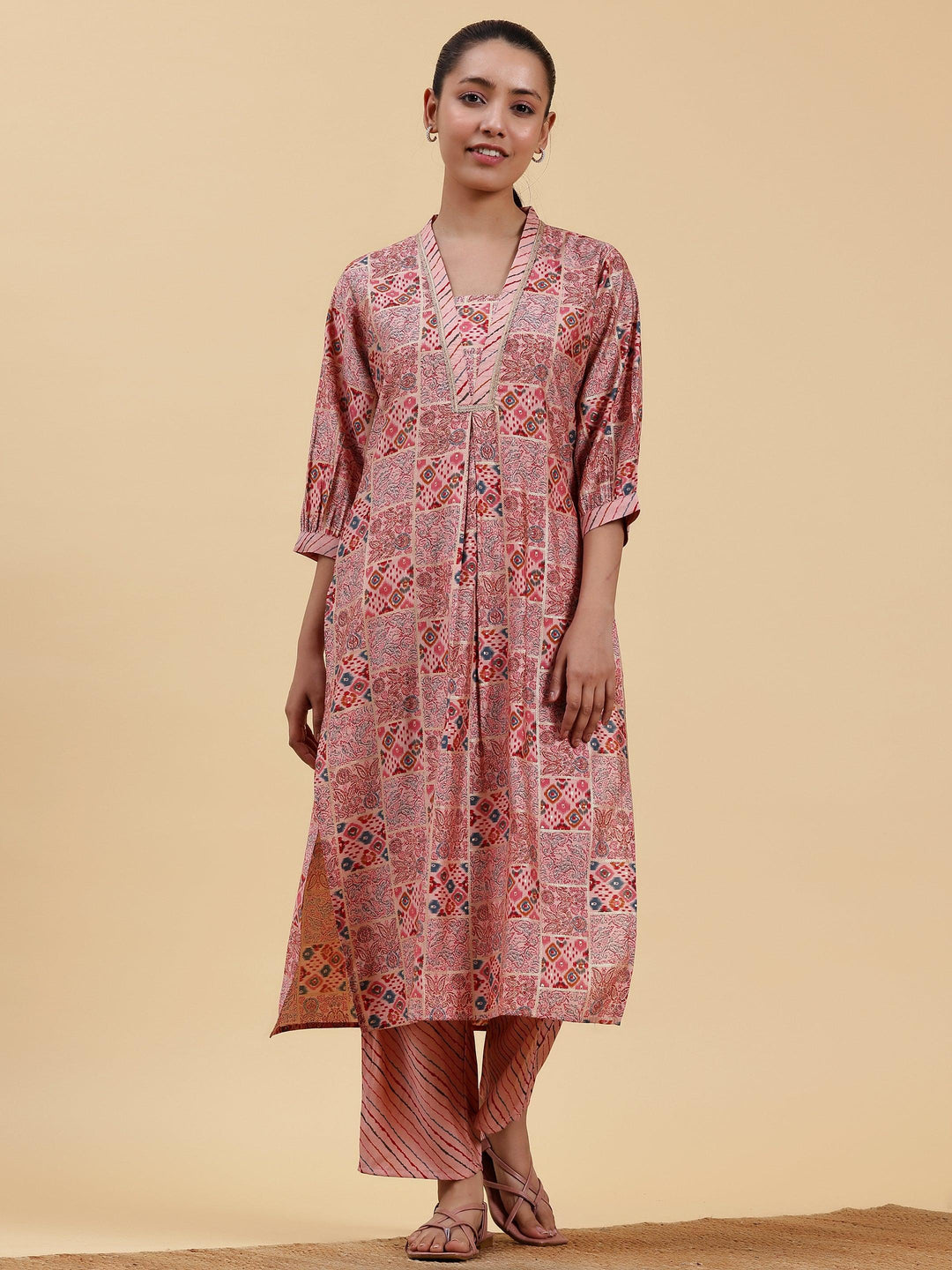 Peach Printed Silk Blend Straight Kurta Set - Libas