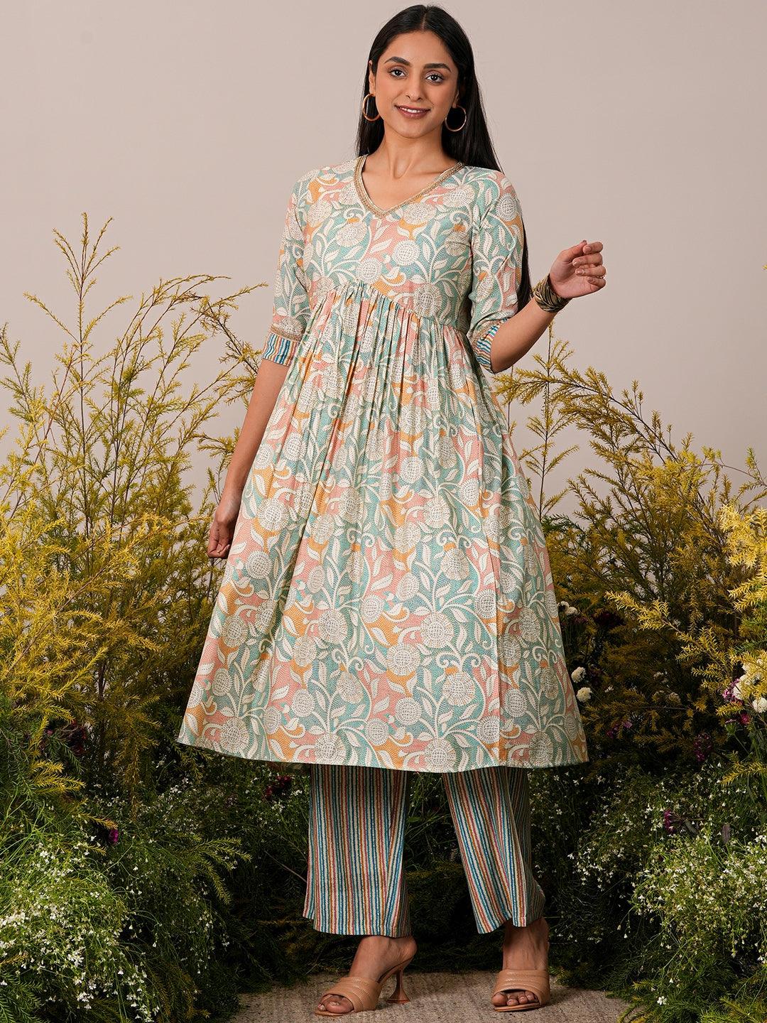 Beige Printed Silk Blend Anarkali Kurta Set - Libas