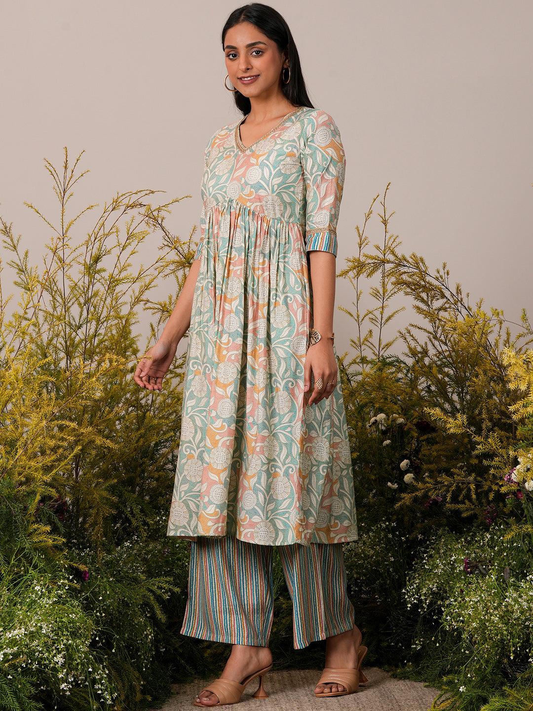 Beige Printed Silk Blend Anarkali Kurta Set - Libas