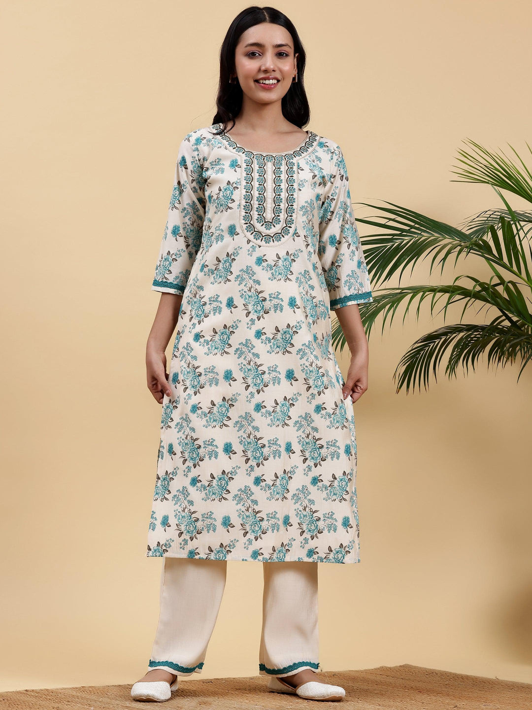 Beige Printed Chanderi Silk Straight Kurta Set - Libas 